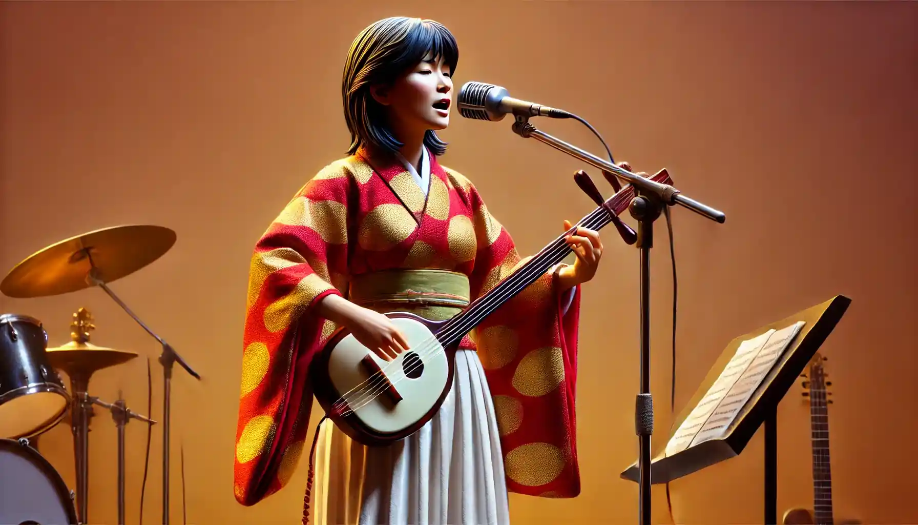 1980年の松村和子がステージで歌う姿。鮮やかな着物が印象的。