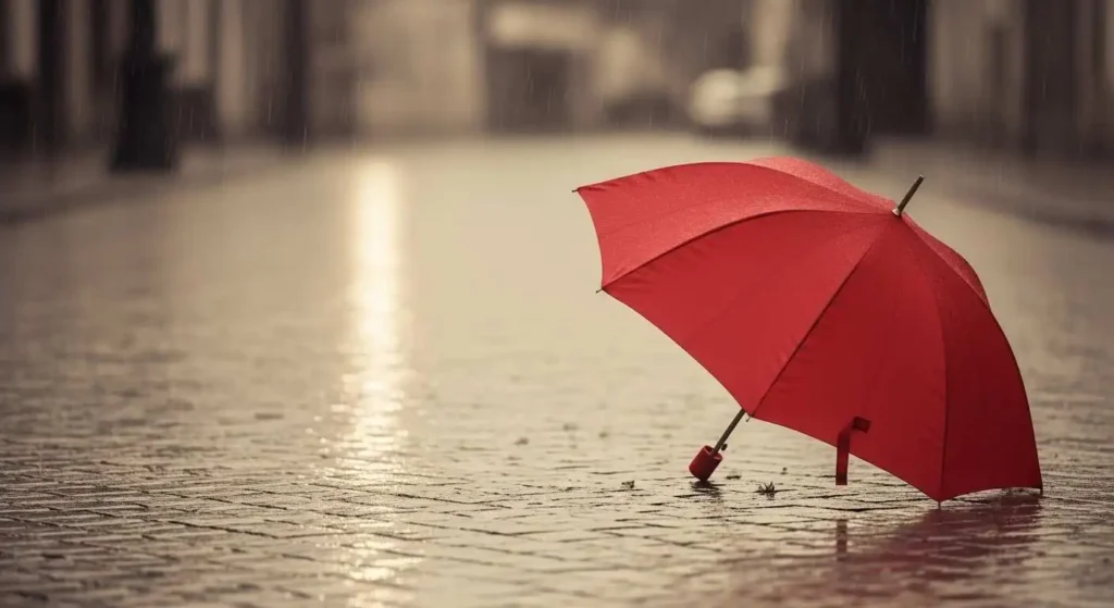 Red umbrella in the gray rain