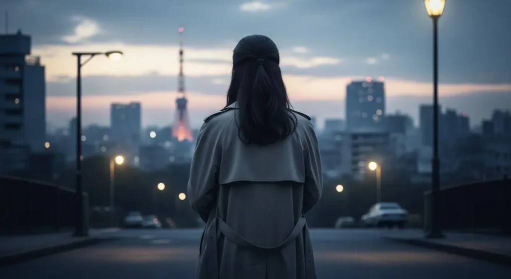 Figure with an umbrella in the rain