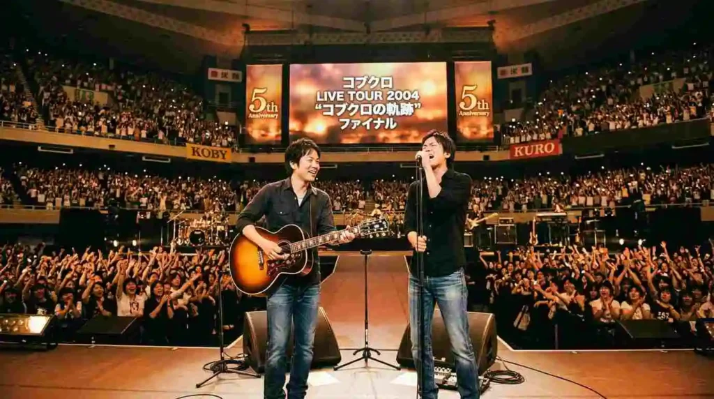 A musical duo performing at the final concert of a tour