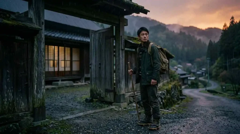 A person leaving a familiar place and heading toward a new environment
