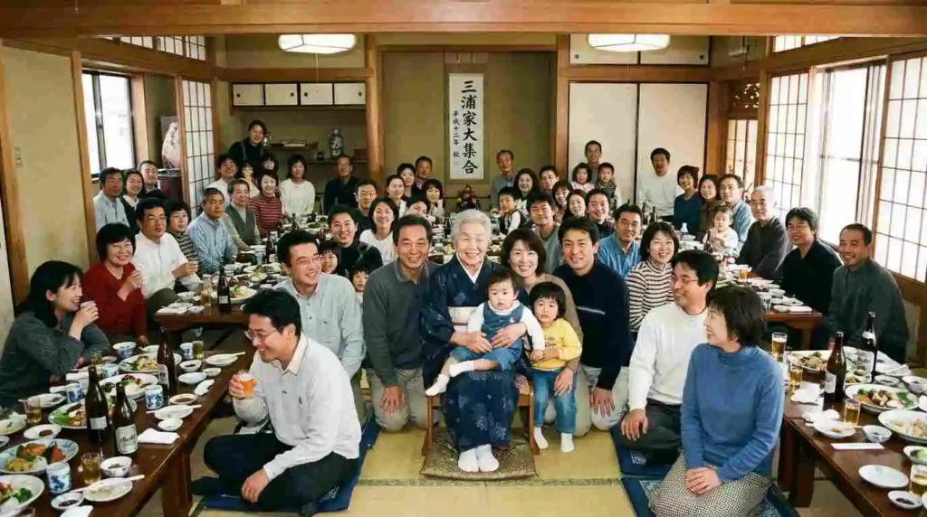 A large family gathering centered around a grandmother