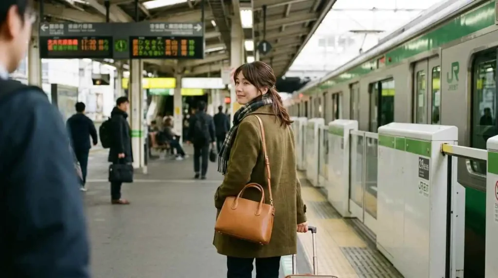 A smiling person repeatedly looking back while walking into the distance
