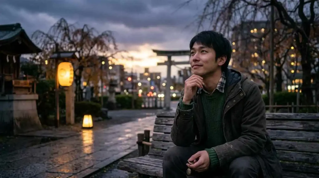 A person raising their head and noticing a distant light
