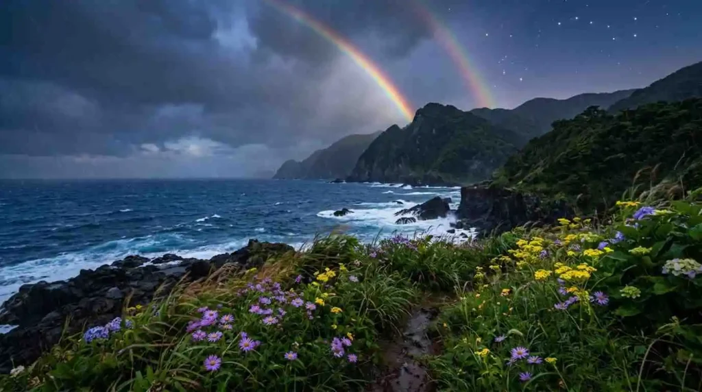 A landscape connecting the sea, wind, flowers, rainbow, and stars