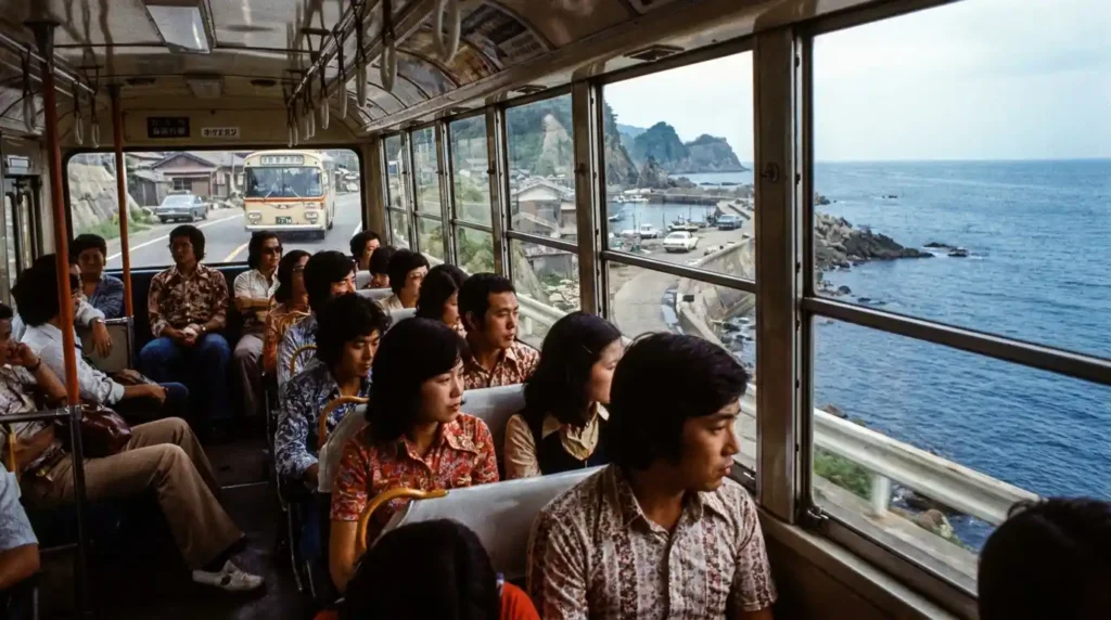 A bus traveling beside the sea, evoking the world of Misaki Meguri
