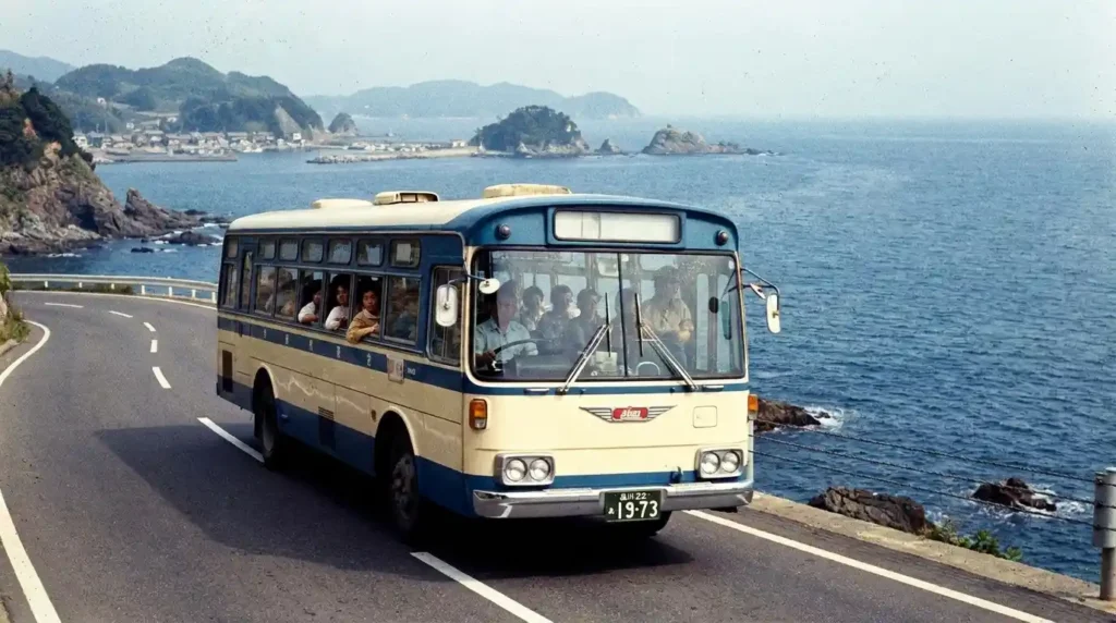 A 1970s bus traveling along a coastal road beside the blue sea