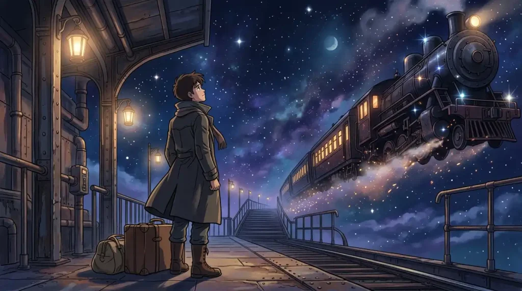 An illustration of a traveler watching a departing train