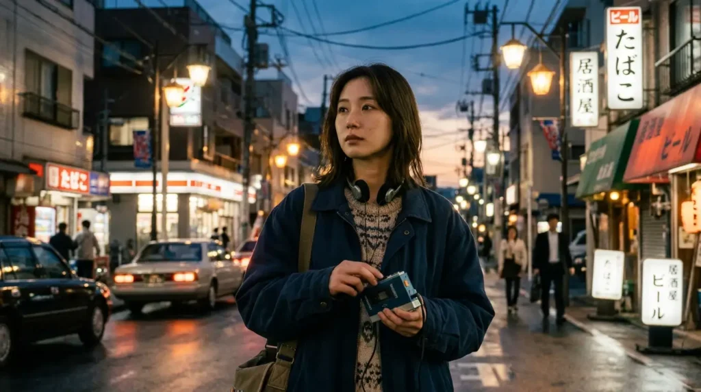 A woman listening to music on a portable cassette player while walking through the city